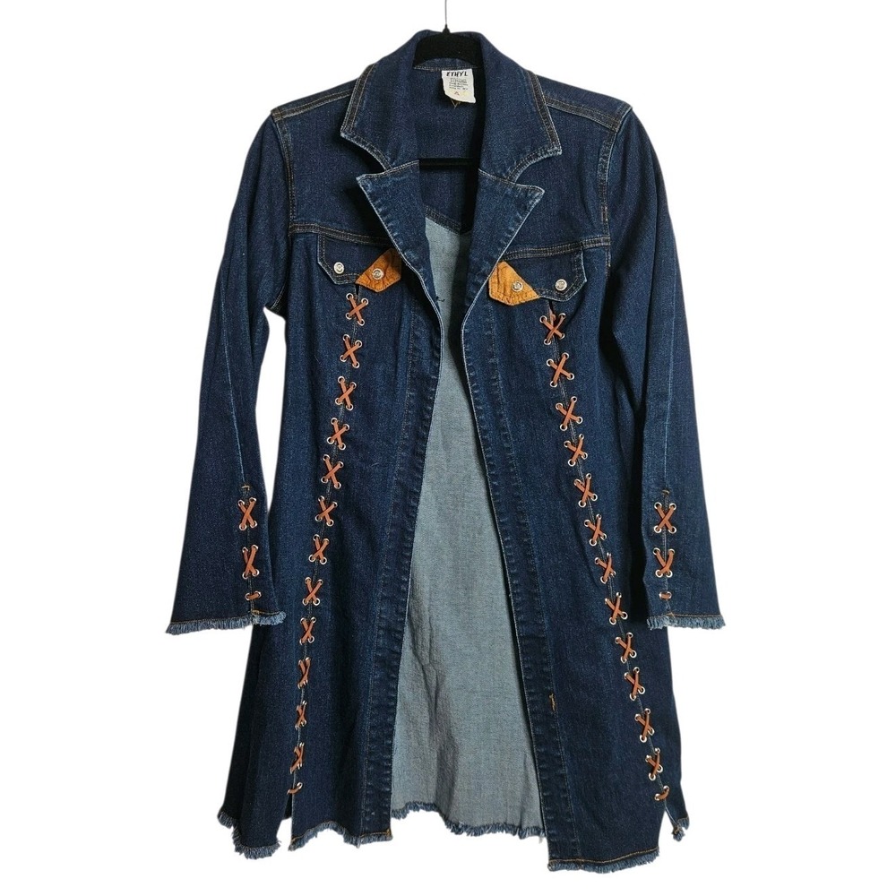 Denim Duster Western Style Jacket Leather Laces Festival Boho Blue Womens Small